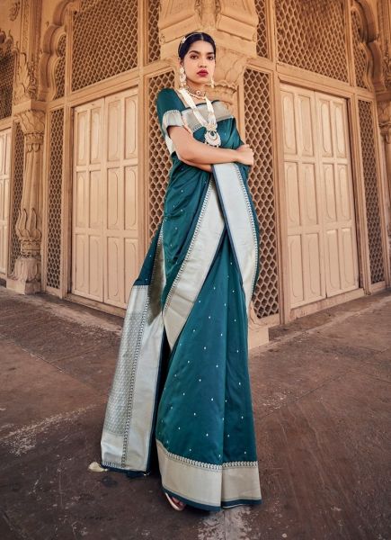 Dark Sea Blue Banarasi Satin Silk Festive-Wear Saree