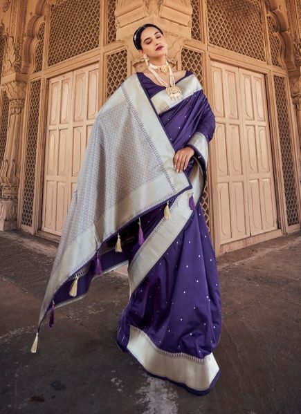 Dark Violet Banarasi Satin Silk Festive-Wear Saree