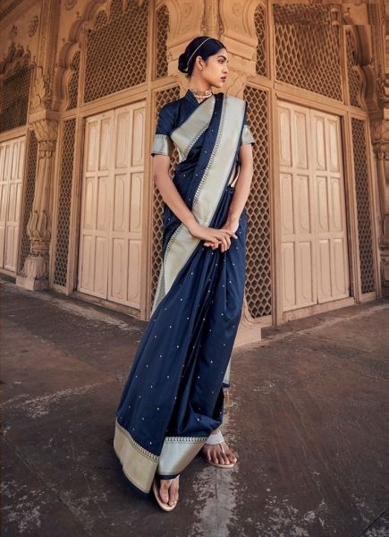 Navy Blue Banarasi Satin Silk Festive-Wear Saree