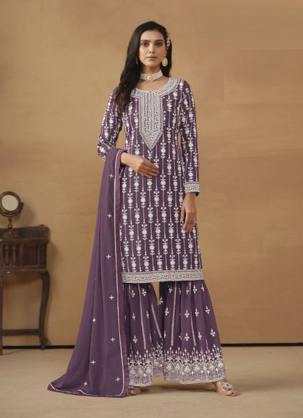 Dull Purple Georgette Thread-Work Ramadan Special Gharara-Bottom Salwar Kameez