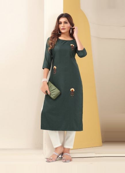 Bottle Green Silk With Thread-Work Straight-Line Readymade Kurti For Office