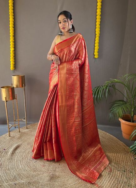 Red Woven Kanjivaram Silk Saree For Traditional / Religious Occasions
