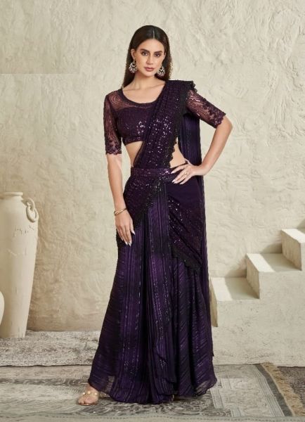 Dark Violet Imported Georgette Silk Mirror & Sequins Work Wedding-Wear Ready-To-Wear Saree With Belt