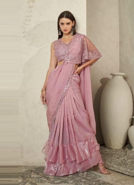 Pink Imported Silk Glass Satin Mirror & Sequins Work Wedding-Wear Ready-To-Wear Saree