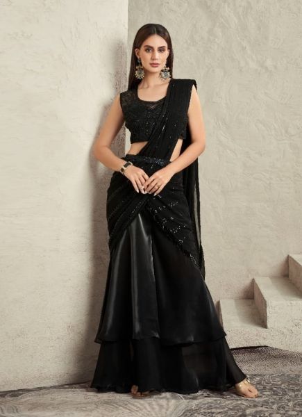 Black Imported Satin Mirror & Sequins Work Wedding-Wear Ready-To-Wear Saree With Belt