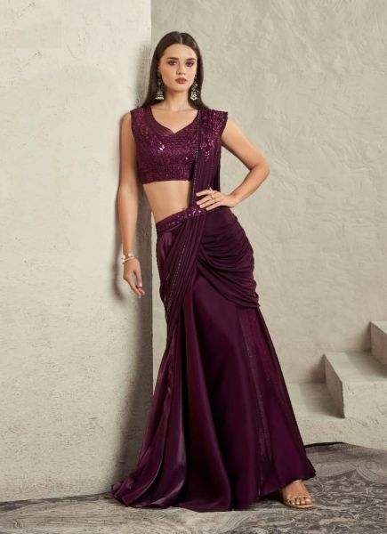 Dark Purple Imported Lycra Silk Glass Satin Mirror & Sequins Work Wedding-Wear Ready-To-Wear Saree With Belt