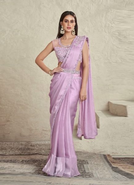 Lilac Imported Satin Glass Satin Mirror & Sequins Work Wedding-Wear Ready-To-Wear Saree With Belt