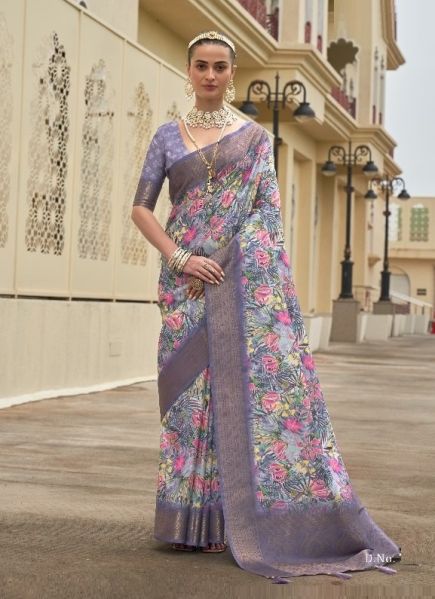 Lavender Khadi Silk Floral Printed Saree For Kitty Parties
