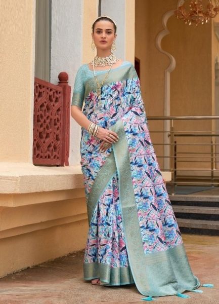 Light Blue Khadi Silk Floral Printed Saree For Kitty Parties