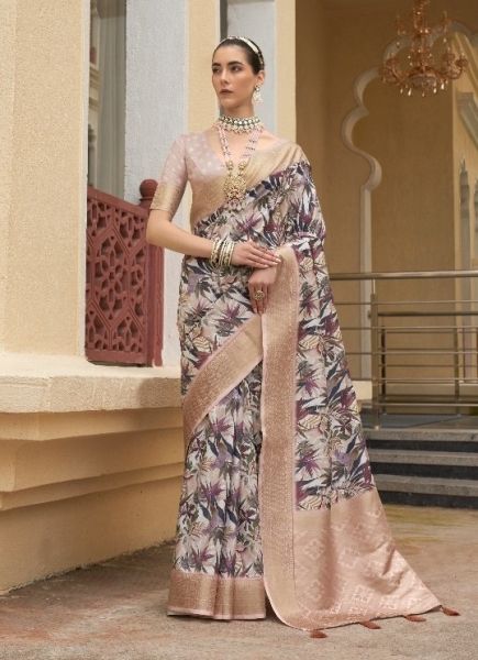 Beige Khadi Silk Floral Printed Saree For Kitty Parties