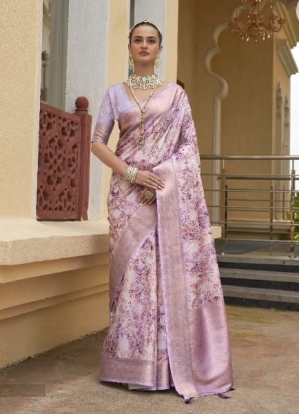 Light Pink Khadi Silk Floral Printed Saree For Kitty Parties