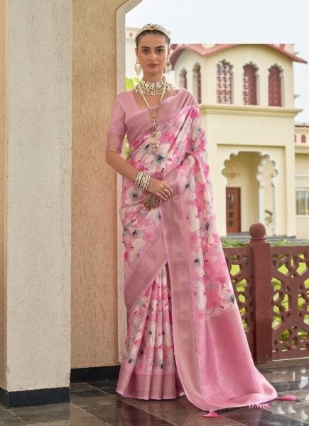 Pink Khadi Silk Floral Printed Saree For Kitty Parties