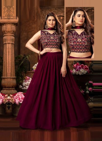 Wine Red Chinon Embroidered Party-Wear Stylish Readymade Lehenga Choli (With Can-Can)