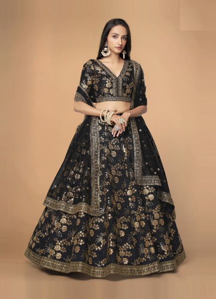 Black Silk Zari, Dori, Embroidery & Sequins-Work Party-Wear Stylish Lehenga Choli