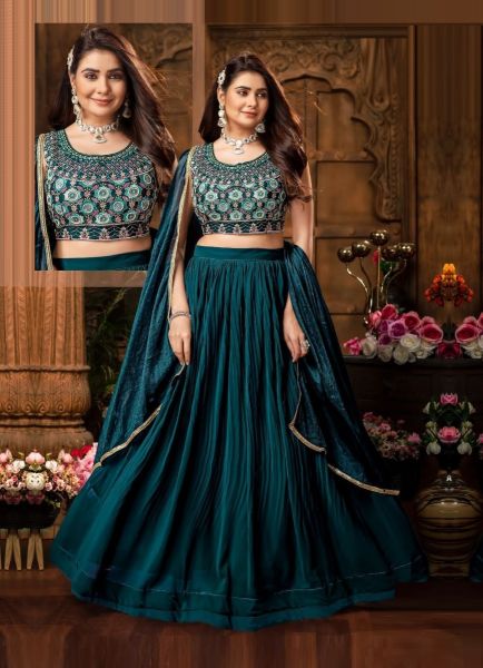 Sea Blue Chinon Embroidered Party-Wear Stylish Readymade Lehenga Choli (With Can-Can)