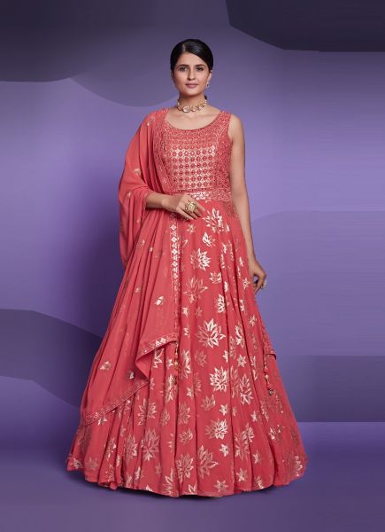 Light Red Georgette Sequins-Work Party-Wear Readymade Gown With Dupatta