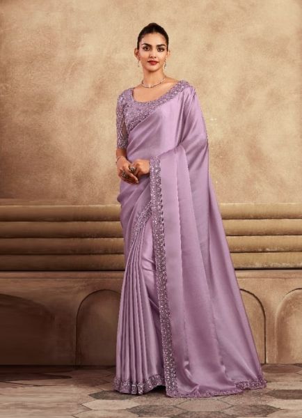 Lilac Satin Silk Handwork Party-Wear Boutique-Style Saree