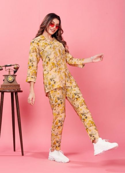 Yellow Rayon Digitally Printed Resort-Wear Readymade Co-Ord Set