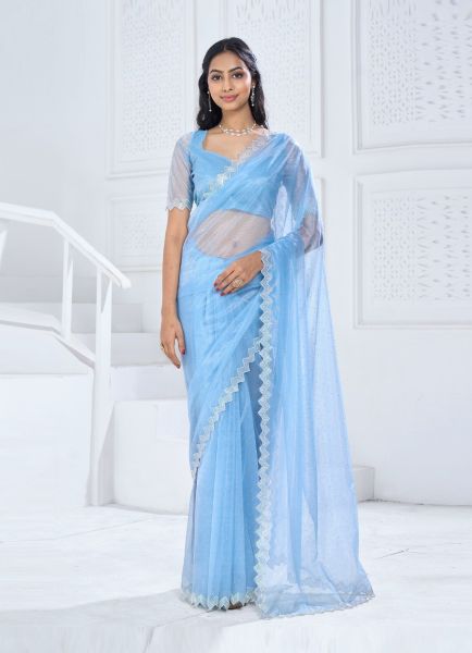 Sky Blue Organza Stone-Work Party-Wear Boutique-Style Saree