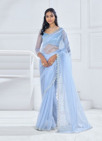 Light Blue Organza Stone-Work Party-Wear Boutique-Style Saree