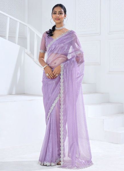 Lilac Organza Stone-Work Carnival Saree For Kitty Parties