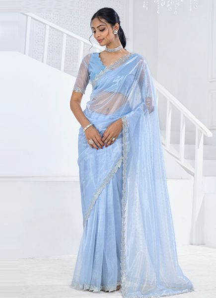 Light Blue Organza Stone-Work Carnival Saree For Kitty Parties