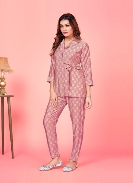 Pink Silk Digitally Printed Night-Wear Readymade Co-Ord Set