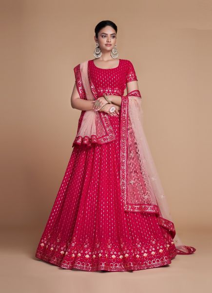 Crimson Red Georgette Sequins-Work Lehenga Choli For Evening Party & Occasions