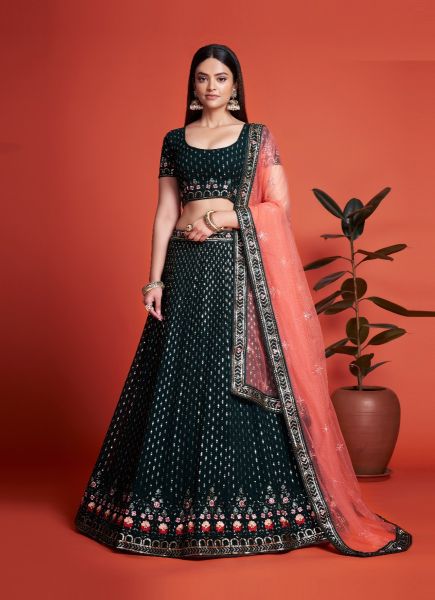 Dark Teal Blue Georgette Sequins-Work Lehenga Choli For Evening Party & Occasions