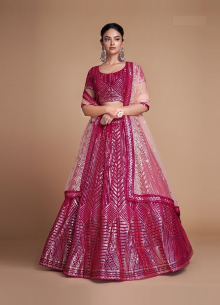 Wine Red Georgette Sequins-Work Lehenga Choli For Evening Party & Occasions