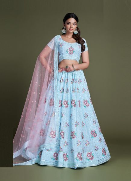 Sky Blue Georgette Sequins-Work Lehenga Choli For Evening Party & Occasions