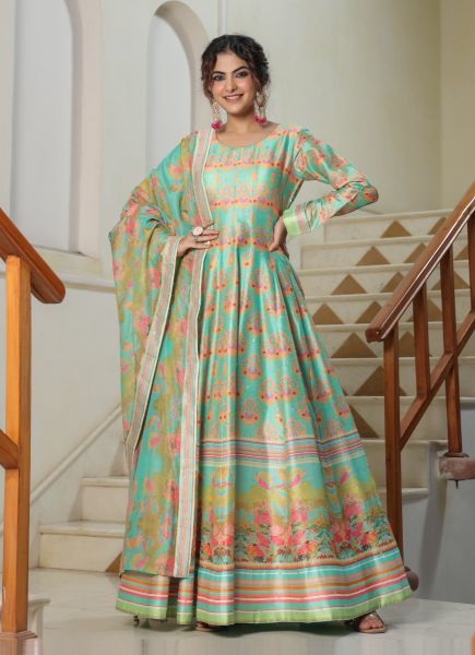 Mint Green Silk Digitally Printed Party-Wear Readymade Gown With Dupatta