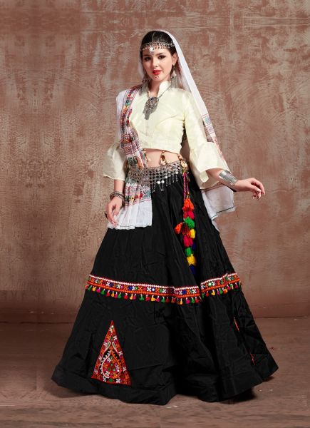 Black & Cream Taffeta Silk Mirror-Work Navratri-Wear Special Lehenga Choli
