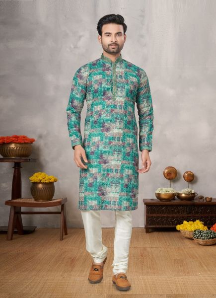 Teal Green Cotton Digitally Printed Kurta With Pyjama For Traditional / Religious Occasions
