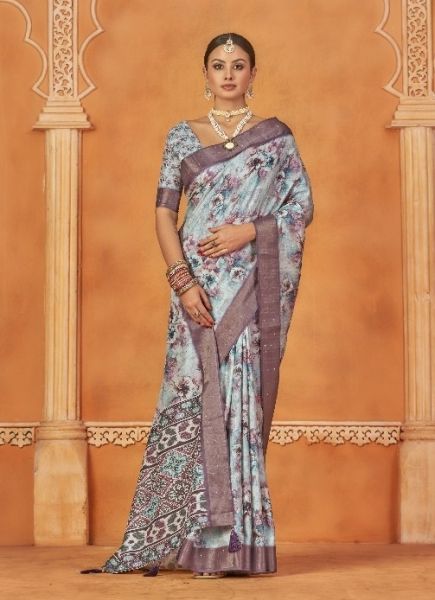 Light Blue Gotha Silk Floral Digitally Printed Festive-Wear Saree