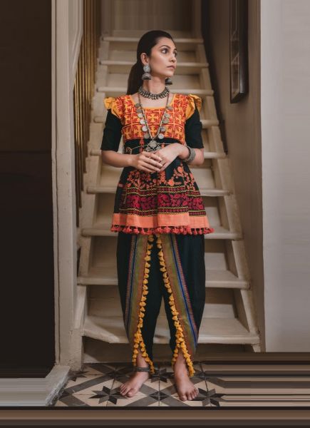 Black & Orange Khadi Cotton With Thread & Mirror-Work Readymade Navratri Kedia Set