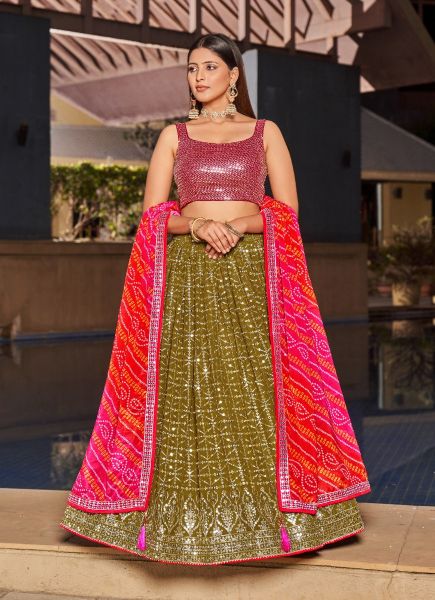 Olive Green Georgette Sequins-Work Party-Wear Reception Lehenga Choli