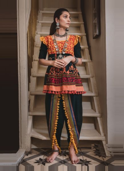 Black & Orange Khadi Thread-Work Readymade Navratri-Wear Kedia Set
