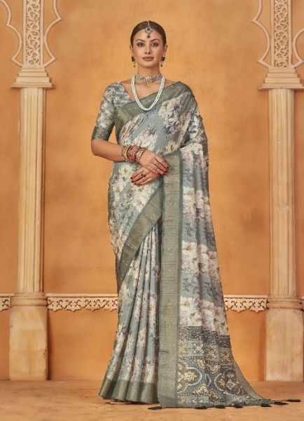 Blue Gray Gotha Silk Floral Digitally Printed Festive-Wear Saree