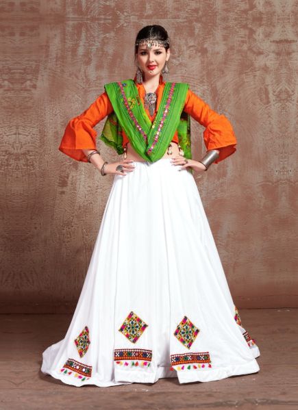 White & Orange Red Cotton Mirror-Work Navratri-Wear Special Lehenga Choli