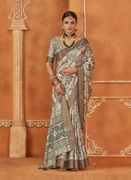 Gray Gotha Silk Floral Digitally Printed Festive-Wear Saree