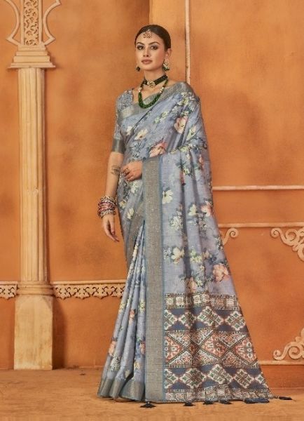 Steel Blue Gotha Silk Floral Digitally Printed Festive-Wear Saree
