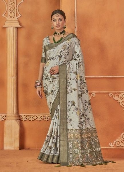 Light Gray Gotha Silk Floral Digitally Printed Festive-Wear Saree