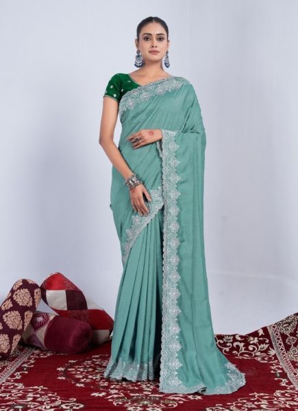 Light Teal Blue Rangoli Woven Silk Embroidered Saree For Traditional / Religious Occasions