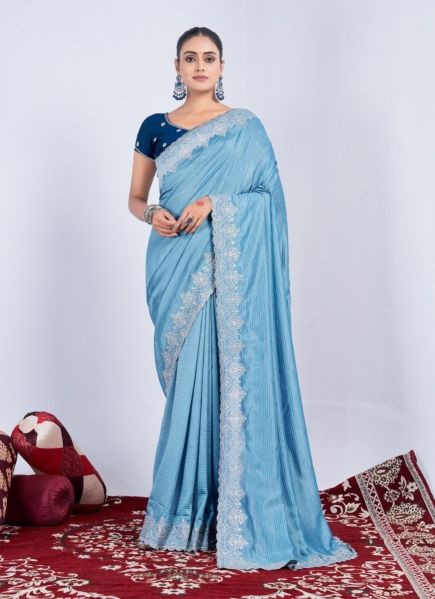 Sky Blue Rangoli Woven Silk Embroidered Saree For Traditional / Religious Occasions