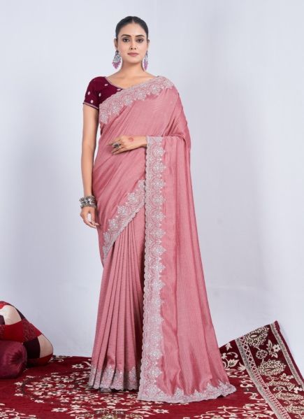 Salmon Pink Rangoli Woven Silk Embroidered Saree For Traditional / Religious Occasions