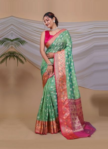 Light Mint Green Organza Weaving Festive-Wear Soft Silk Saree