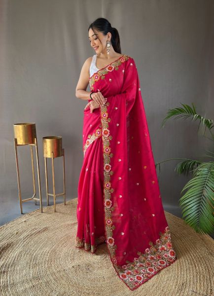 Dark Pink Pure Matka Silk Handwork Wedding-Wear Boutique-Style Saree