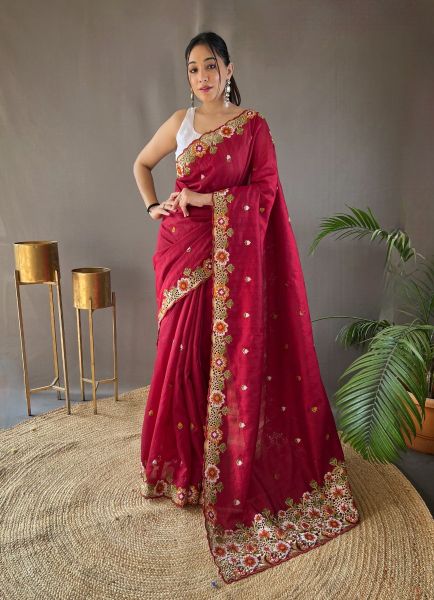 Crimson Red Pure Silk Handwork Wedding-Wear Boutique-Style Saree