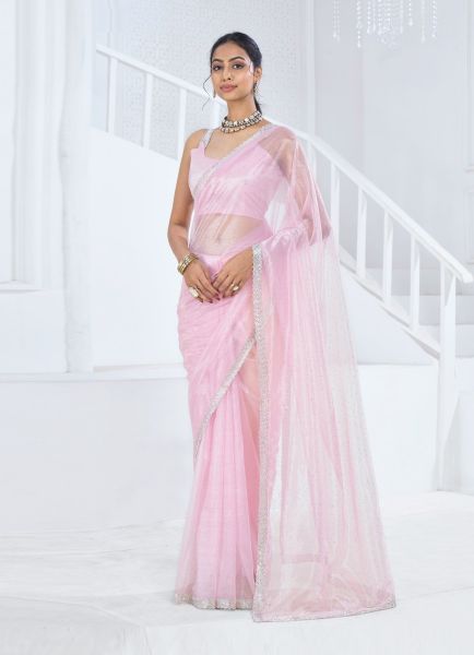 Light Pink Organza Stone-Work Festive-Wear Fashionable Saree